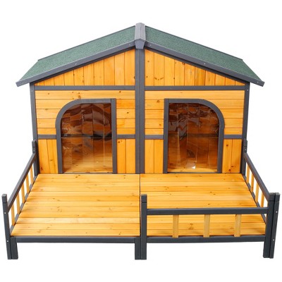 Medinis dviskyltis šuns namelis su terasa ir atidaromu stogu