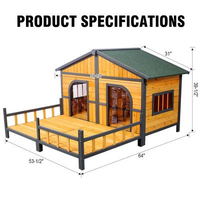 Medinis dviskyltis šuns namelis su terasa ir atidaromu stogu