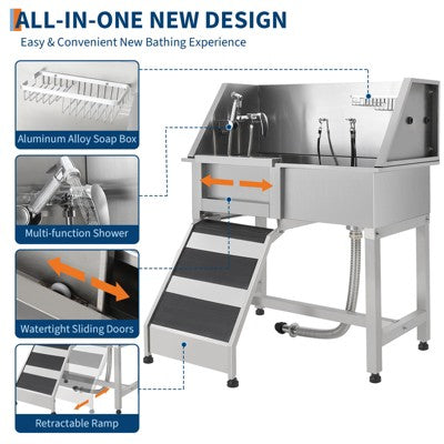 Profesionali nerūdijančio plieno šunų maudymo vonia su rampa