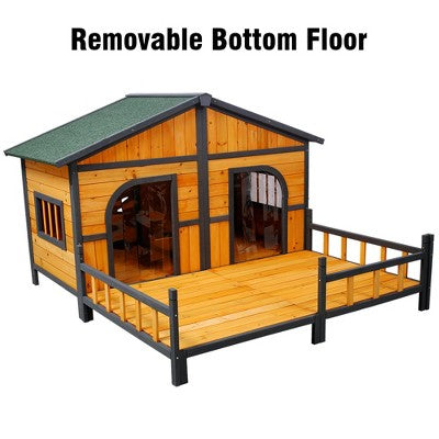 Medinis dviskyltis šuns namelis su terasa ir atidaromu stogu